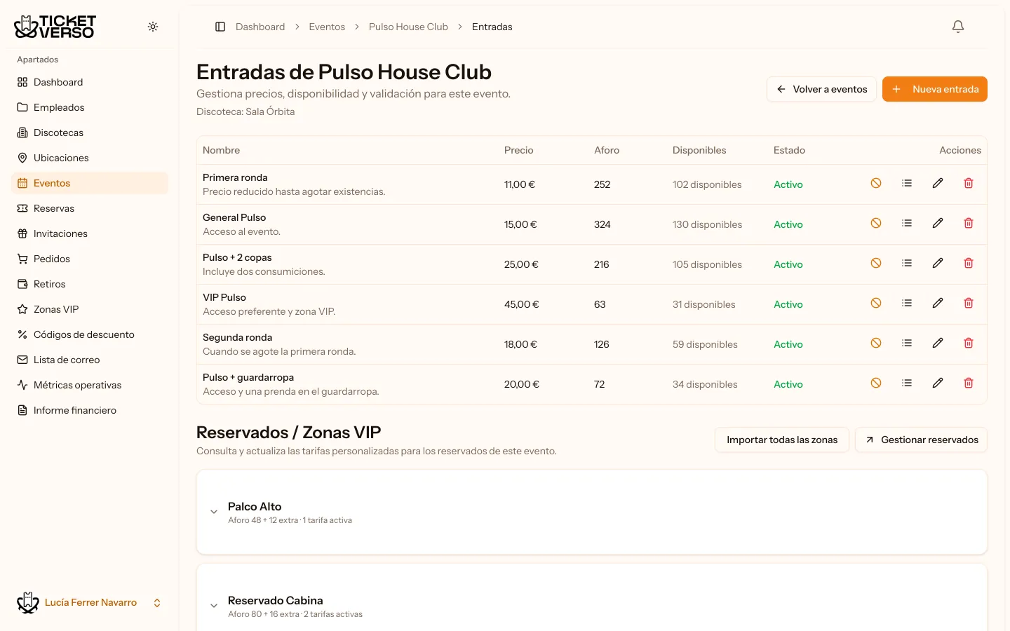 Panel web: la pantalla de entradas de un evento.