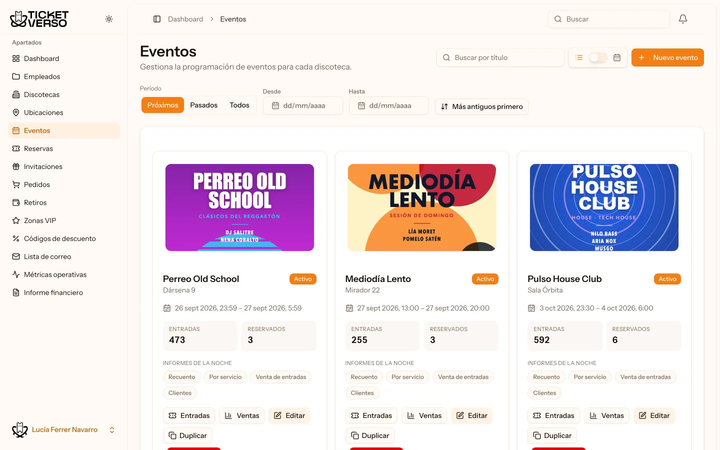 Panel web: la pantalla de eventos de la sala.