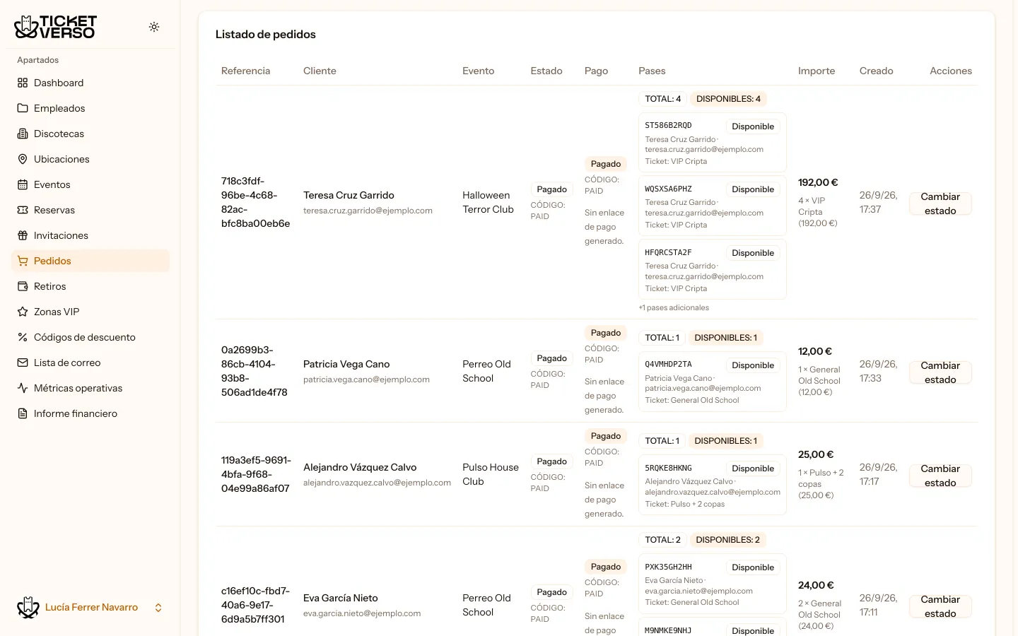Panel web: la pantalla de pedidos de la sala.
