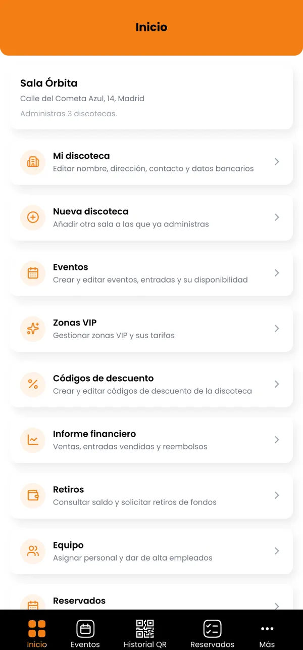 Inicio del administrador en la app: su sala y el menú de gestión, con eventos, zonas VIP, códigos de descuento, informe financiero, retiros y equipo.