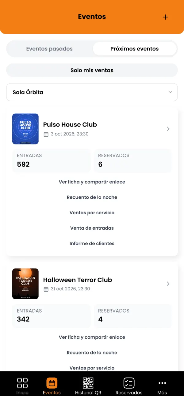 Cartelera del manager en la app: los próximos eventos de la sala, con las entradas y los reservados de cada uno y el acceso a sus informes.