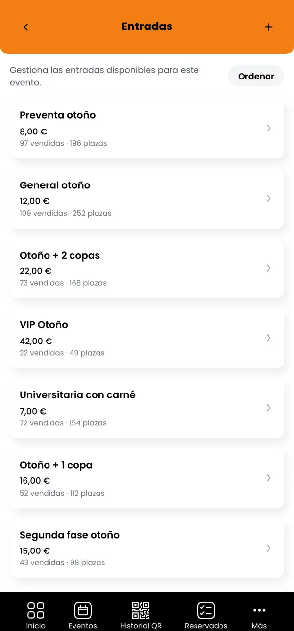 Perfil Manager: pantalla de entradas de un evento, con cada tipo de entrada, su precio, las vendidas y las plazas.