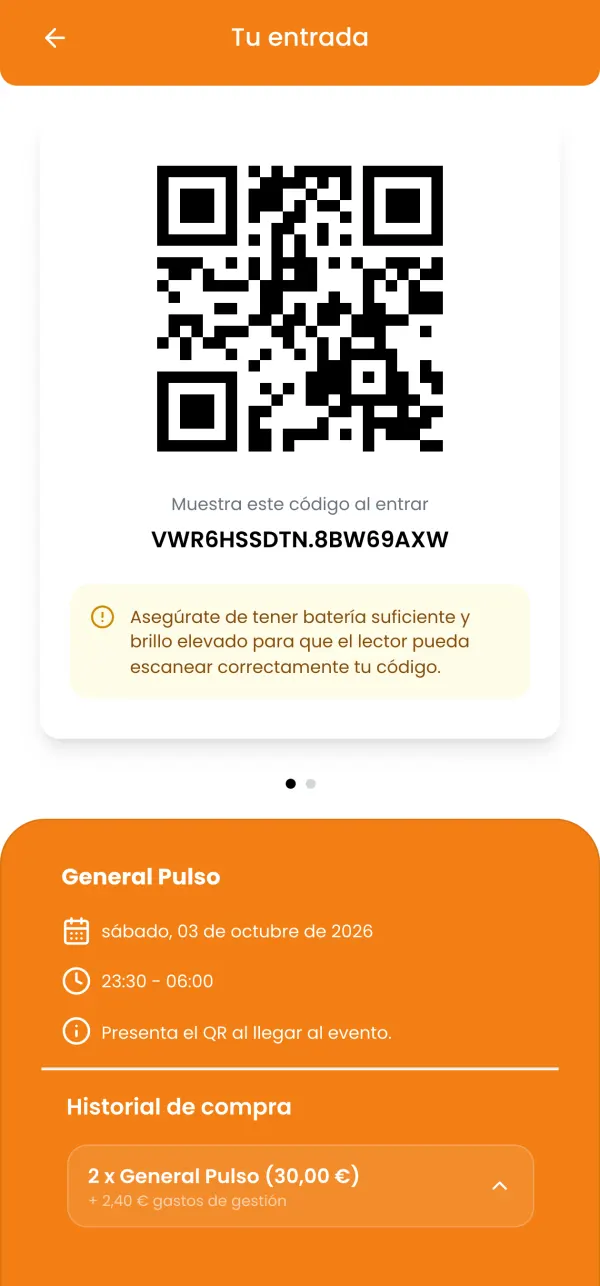 Una entrada en la app: su código QR con el código escrito debajo, los datos de la entrada y el historial de compra.