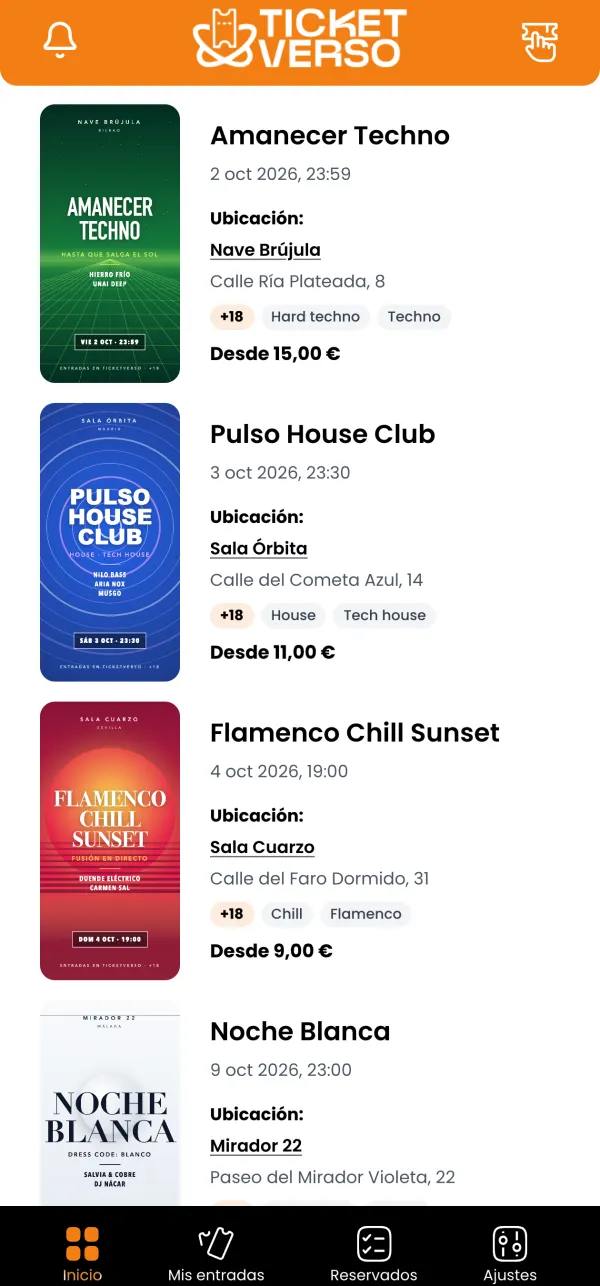 App del público: listado de eventos, cada uno con su cartel, fecha, sala, edad mínima, estilos de música y precio desde.
