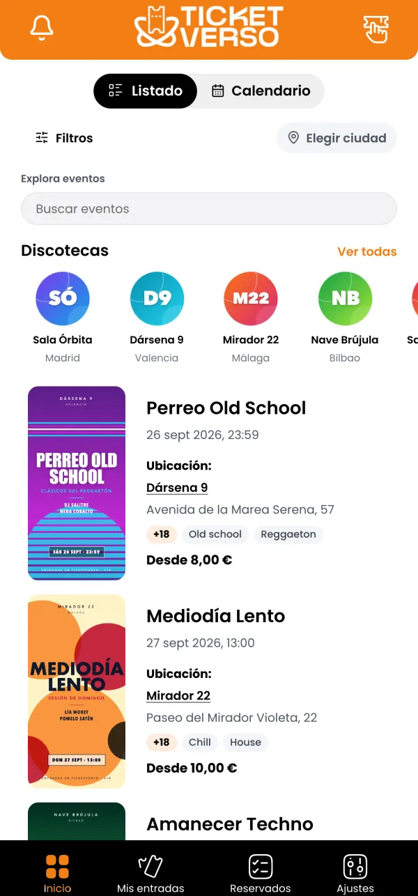 Explorar en la app: vista de listado o de calendario, filtros, elección de ciudad, buscador y discotecas.