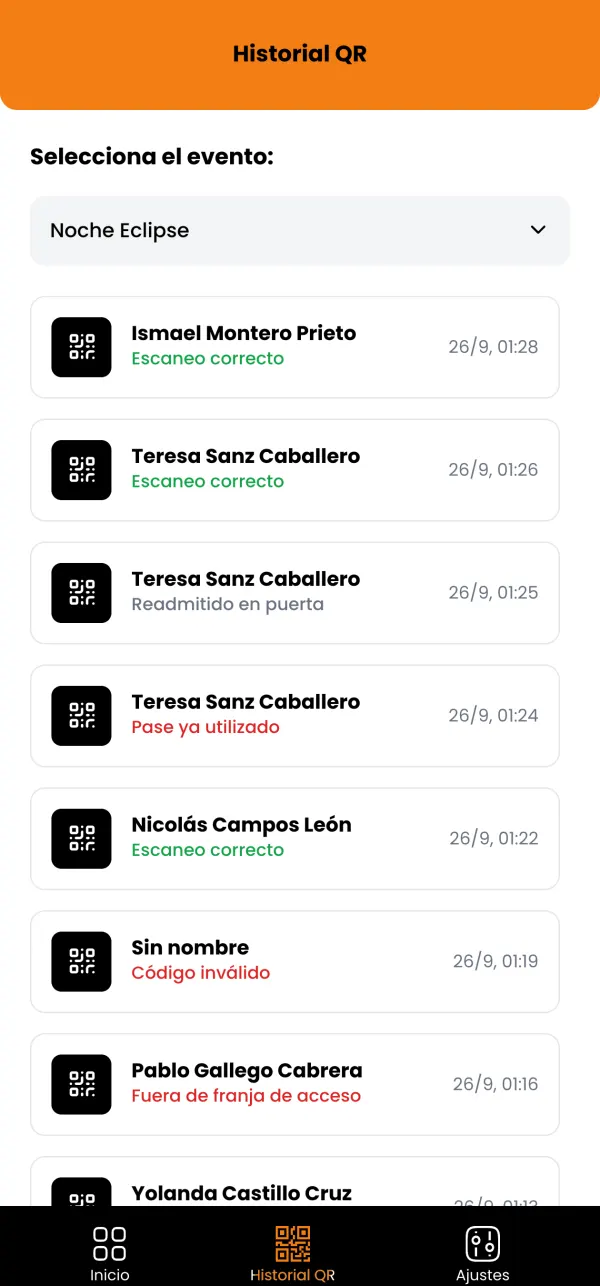 Perfil Puerta: historial de escaneos de un evento, con el resultado y la hora de cada lectura.