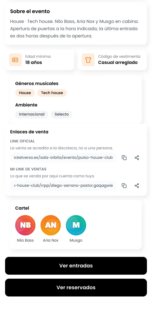 Ficha de un evento en la app del RRPP: los detalles del evento y sus enlaces de venta, el oficial de la sala y el suyo propio.